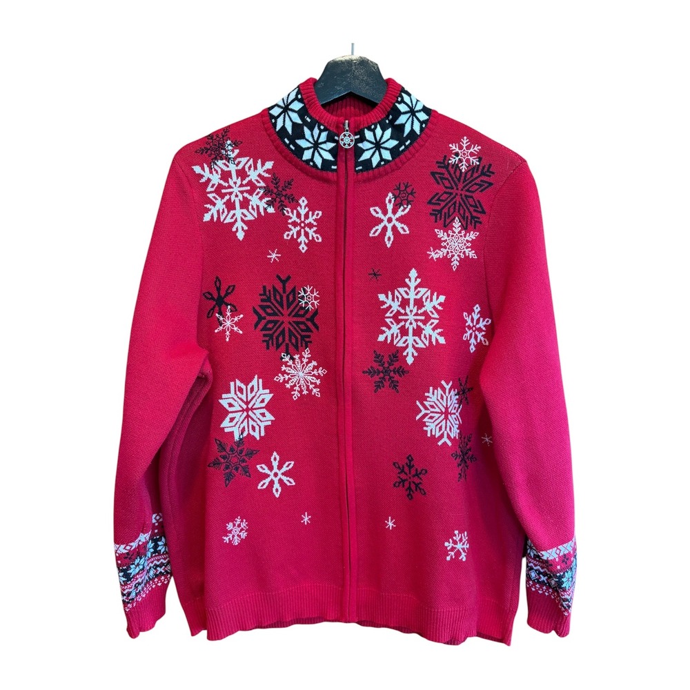 Breckenridge Woman 1X Cardigan Sweater Red Snowflake Full Zip Cotton Holiday